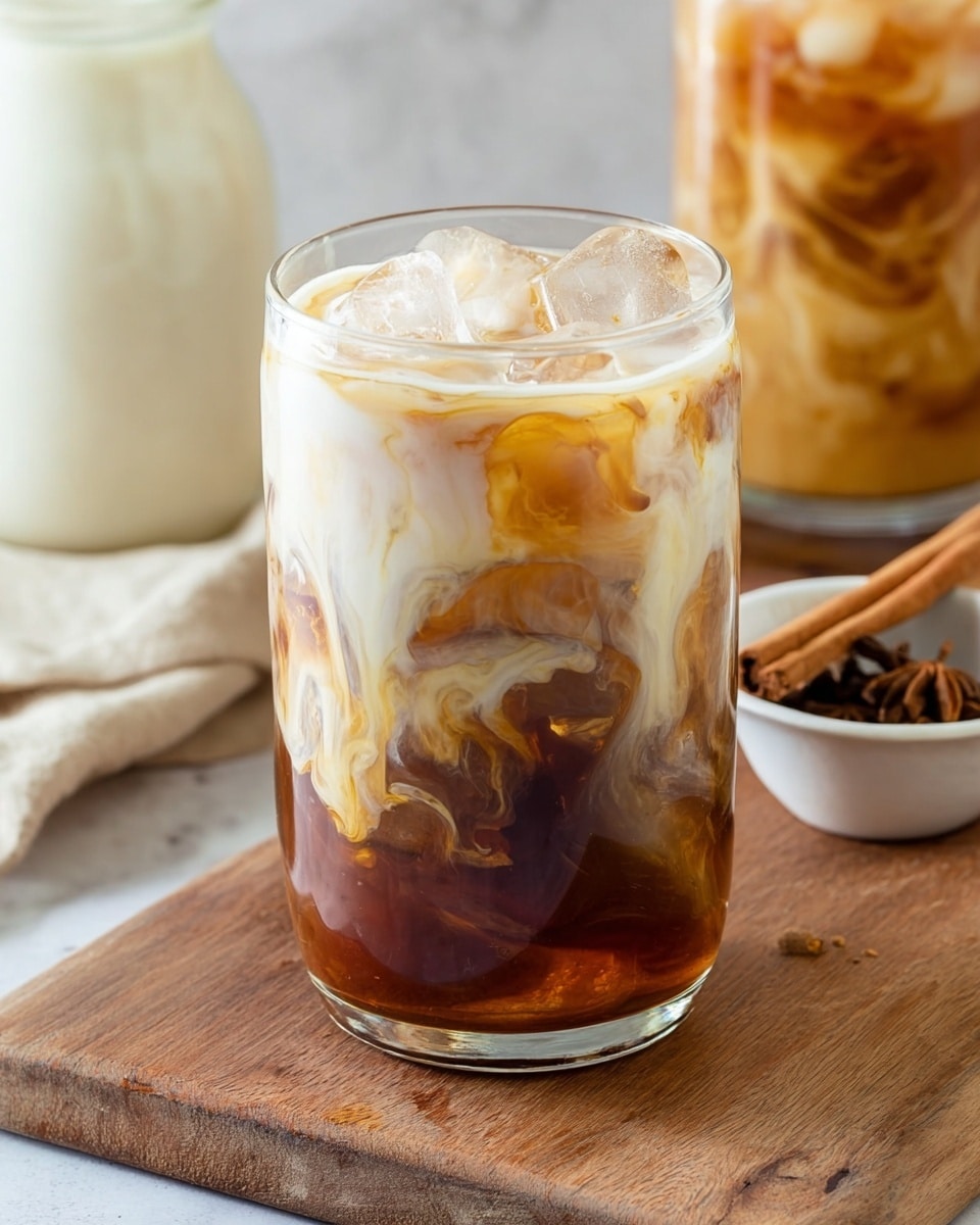 A clear glass filled with iced coffee at the bottom, dark amber in color with swirls of creamy white milk gently mixing throughout, creating a marbled effect; the top layer is mainly light cream with a few ice cubes visible. The glass is placed on a wooden board, with another similar glass blurred in the background. In the lower right corner, a white bowl holding two cinnamon sticks and some cloves sits on a white marbled surface. Photo taken with an iphone --ar 4:5 --v 7