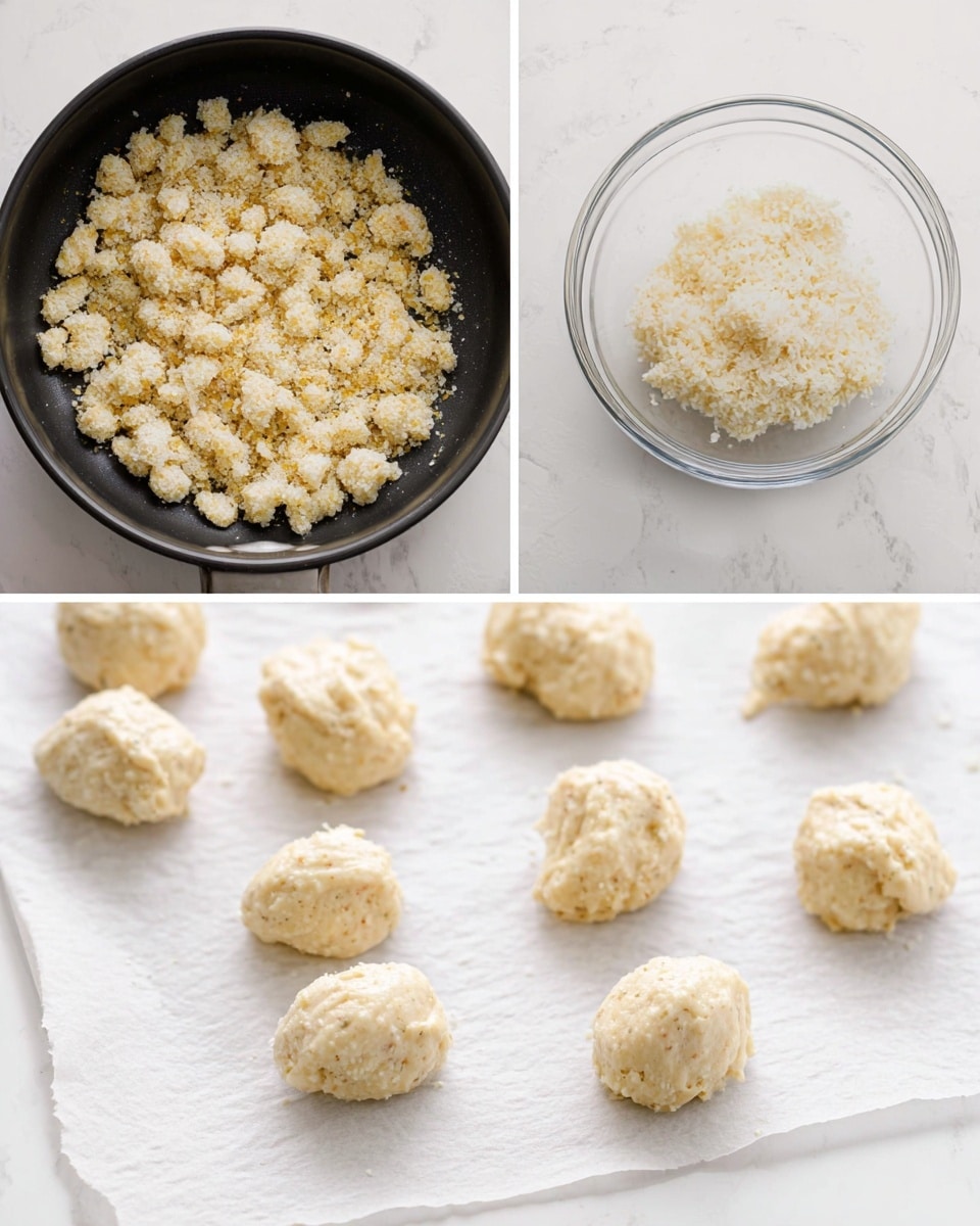The image shows three steps of making a food mixture; top left is a close-up of cooked small grain pieces in a black pan, with a light yellow and soft texture; bottom left shows a clear glass bowl with a creamy, slightly lumpy pale mixture inside; right side displays evenly spaced, soft cream-colored dollops of the mixture on white parchment paper over a white marbled surface. photo taken with an iphone --ar 4:5 --v 7