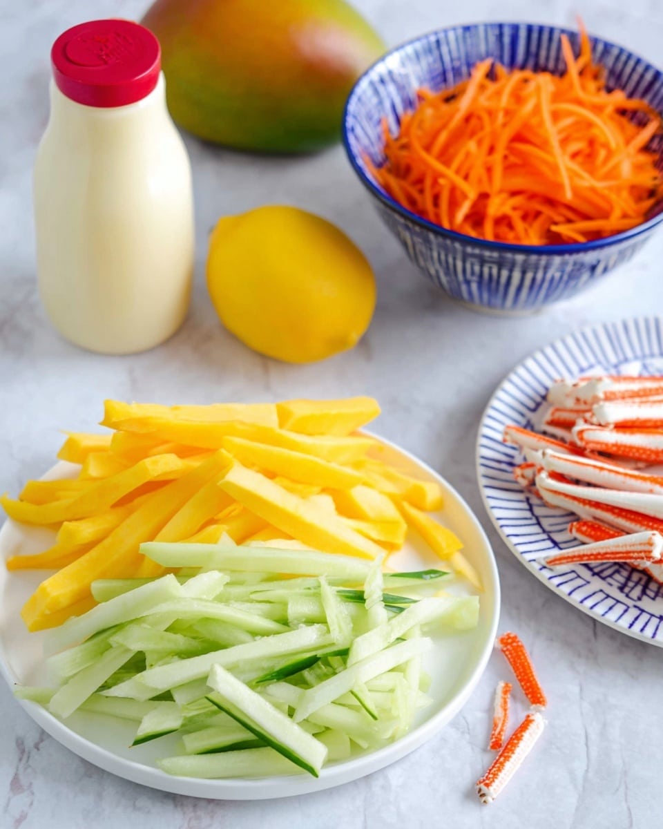 The image shows a white plate with thin yellow mango sticks on the left side and pale green cucumber sticks on the right side, both neatly piled. Nearby, there is a white marbled surface with a whole mango and a lemon placed behind a light cream bottle with a red cap. In the background, there is a white bowl with blue patterns filled with shredded orange carrots. To the right, on a white plate with a blue checkered pattern, there are several orange and white crab sticks. A few loose carrot shreds are scattered on the surface near the crab sticks. The photo is taken with an iphone --ar 4:5 --v 7