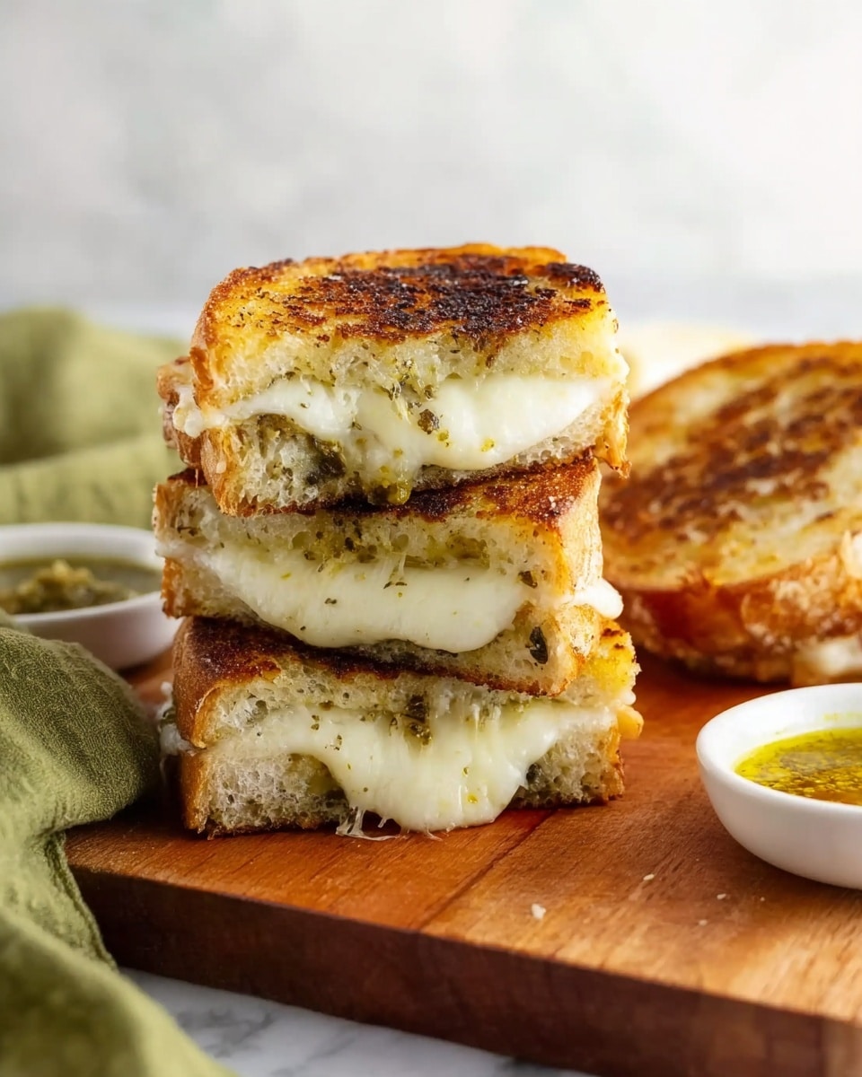 The image shows a grilled sandwich stacked in two layers on a wooden board. Each sandwich has two slices of golden-brown toasted bread with a crispy texture, filled with melted white cheese oozing slightly from between the slices. The top sandwich is cut in half to show the gooey cheese inside. To the side, there is another whole sandwich displaying its browned crust and melted cheese inside. In the background, tiny white bowls with green and yellow sauces are slightly blurred. A green cloth is draped on the left side, and the surface underneath is white marbled. The photo taken with an iphone --ar 4:5 --v 7