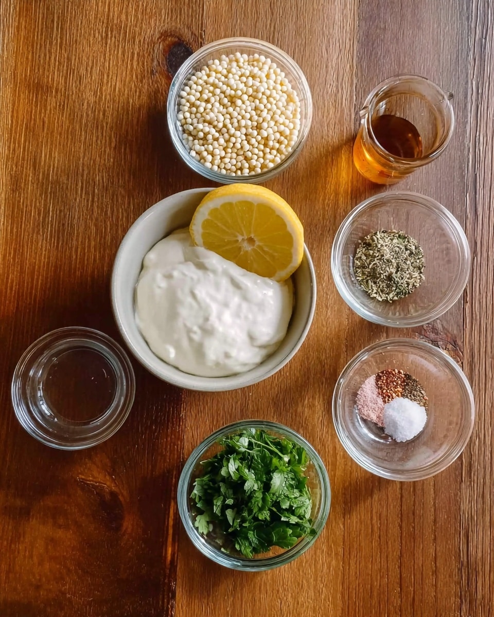 A white bowl filled with a bright white creamy layer topped with a thin lemon slice sits at the center on a wooden surface. Surrounding it, there are five small clear glass bowls arranged in a rough circle: one bowl contains small round white puffed grains, another has chopped green herbs with a fresh texture, a third holds a dark amber liquid, one has mixed dry spices including black pepper, pink salt, and a light brown powder, and the last bowl is empty with its lid resting partially on it. The scene is neat and simple, focused on the ingredients together. photo taken with an iphone --ar 4:5 --v 7