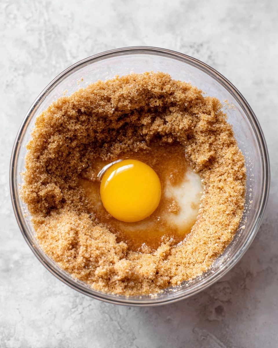 A clear glass bowl contains a mixture with three layers: the top layer is coarse brown sugar with a grainy texture piled around the edges, the middle layer has a light brown syrup-like liquid pooling in the center, and the bottom layer features a single bright yellow egg yolk sitting in the liquid. The bowl is placed on a white marbled textured surface. Photo taken with an iphone --ar 4:5 --v 7