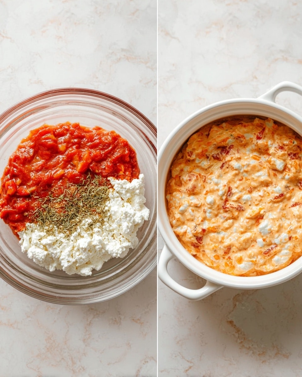 The image shows two stages of a mixed dish in white bowls placed on a white marbled surface. On the left, a clear glass bowl contains three main layers: a bright red chunky tomato layer at the bottom left, a creamy white cottage cheese layer at the top center, and a sprinkle of dried herbs covering part of the cottage cheese on the right side. On the right, a white bowl with two handles holds a combined mixture where the tomato, cottage cheese, and herbs have blended into a smooth, light orange creamy texture with visible small white and red bits evenly spread throughout the mixture. Photo taken with an iphone --ar 4:5 --v 7