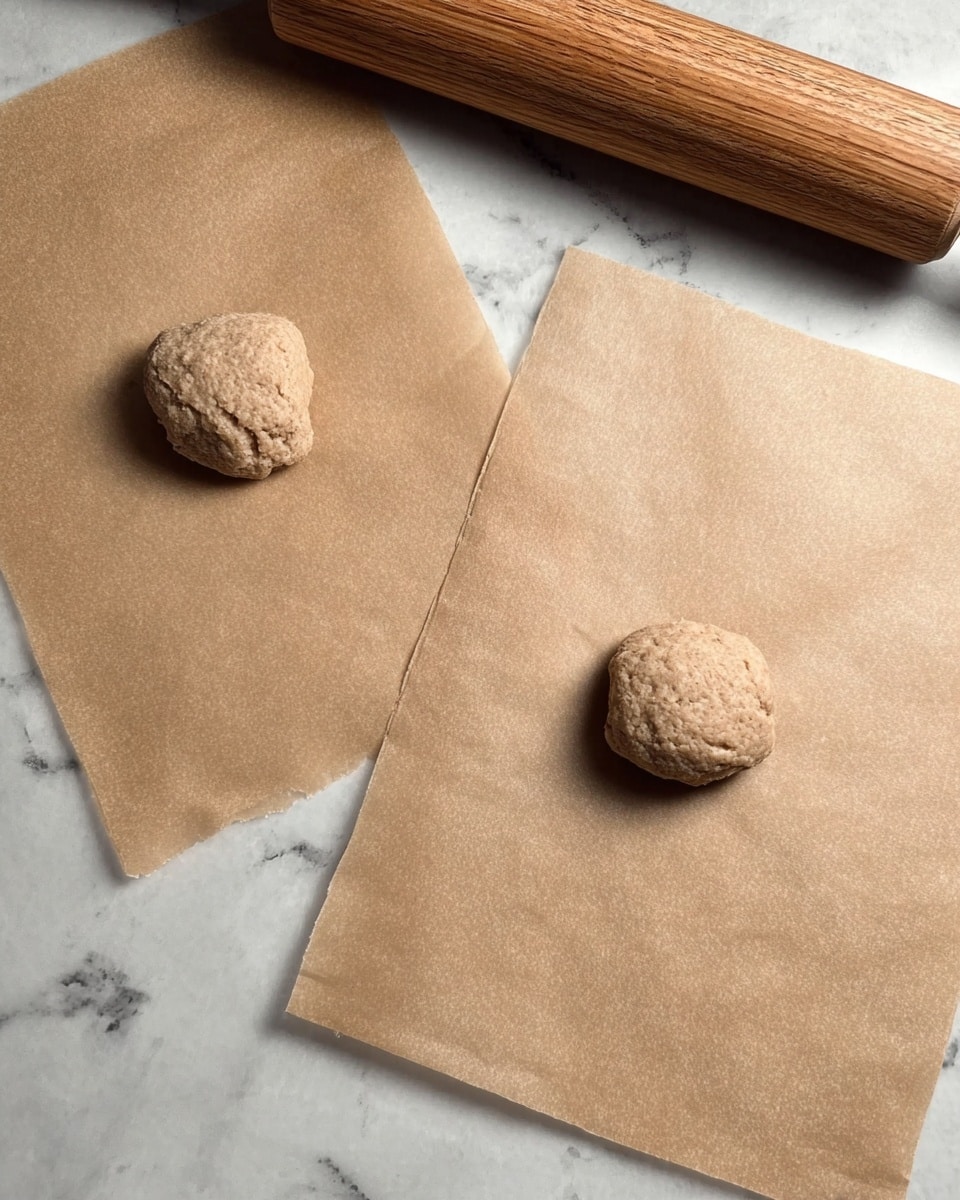 Two small round dough balls with a rough texture are placed separately on two rectangular sheets of light brown parchment paper. The parchment papers are set on a white marbled surface. In the background, there is a wooden rolling pin resting along the top edge of the image. photo taken with an iphone --ar 4:5 --v 7