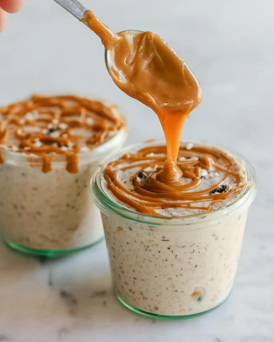 The image shows two small glass jars filled with a creamy dessert that has small dark specks throughout, giving it a textured look. Each jar is topped with a thick, caramel-colored sauce that is being drizzled in swirling lines across the surface, with some of the sauce dripping from a spoon held by a woman's hand above the closest jar. The background and surface are white marbled, and the jars are placed close to each other, creating a simple and clean presentation. The photo taken with an iphone --ar 4:5 --v 7