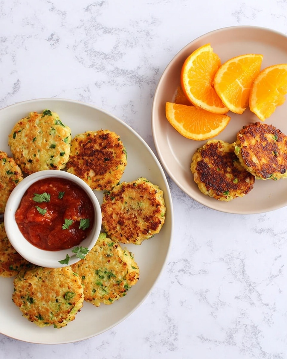 The image shows two white plates on a white marbled surface. The left plate holds four golden-brown fritters with a slightly crispy texture, mixed with green herbs inside, arranged around a small white bowl filled with a red tomato-based sauce. The right plate has two similar fritters with a slightly darker brown top, placed beside four bright orange orange slices arranged in a neat row. Photo taken with an iphone --ar 4:5 --v 7