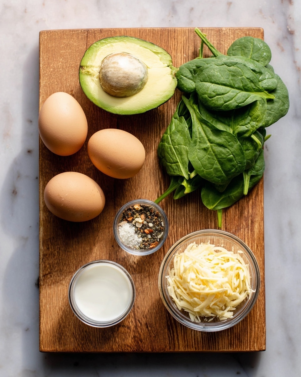 The image shows a wooden board on a white marbled surface with several raw ingredients arranged neatly. On the left side, there are three brown eggs stacked close to each other. Above the eggs, a half avocado with its seed removed displays light green inside and darker green skin around it. To the right of the avocado, there is a small bunch of fresh spinach leaves with vibrant green color and visible veins. Near the bottom center of the board, there are two small clear glass bowls; one contains white liquid and the other has mixed seasoning with black, white, and orange pieces. On the right side, there is a small white bowl filled with shredded light yellow cheese. Photo taken with an iphone --ar 4:5 --v 7