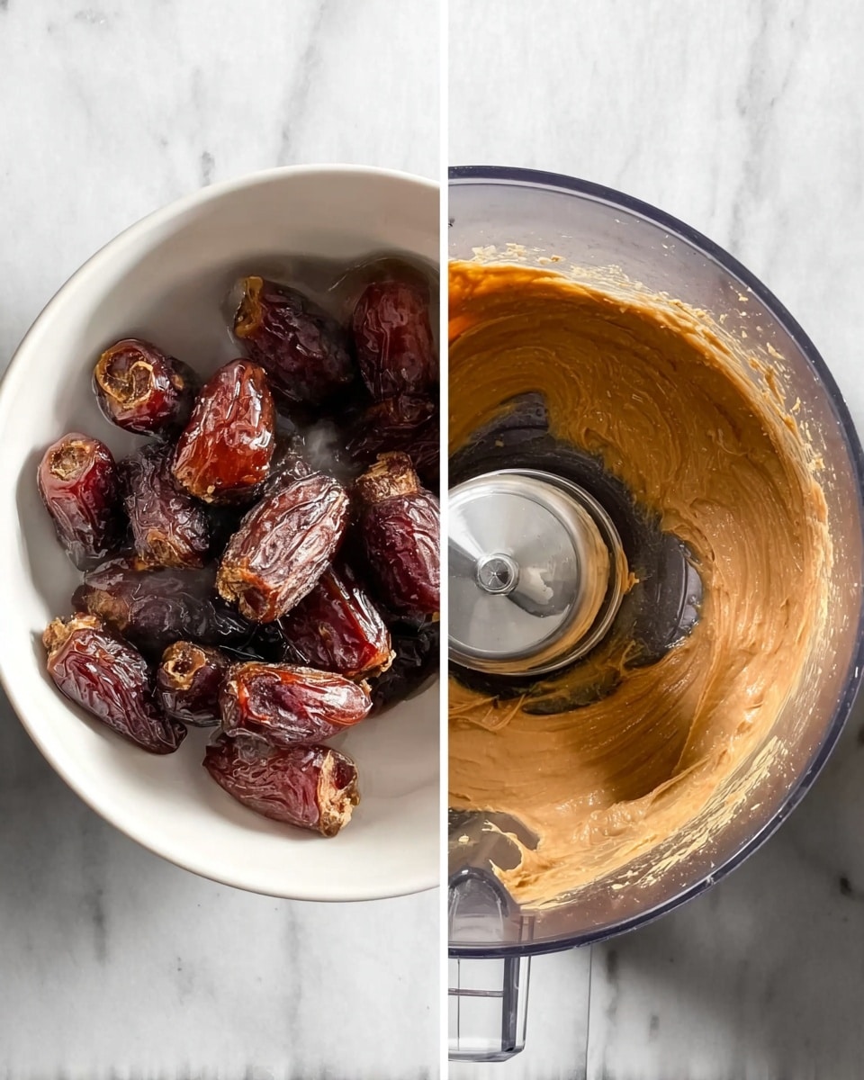 The left image shows a white bowl filled with dark brown dates soaked in water, with steam rising to show warmth. The dates are soft and wrinkled, resting in the clear liquid inside the bowl placed on a white marbled surface. The right image shows a silver blender bowl containing some of the same dark brown dates and a thick layer of light brown peanut butter spread on the bottom, with the blender blade in the center. The background surface is white marbled. photo taken with an iphone --ar 4:5 --v 7