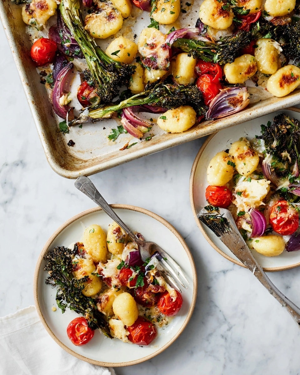 The image shows a white baking tray with pieces of gnocchi, roasted broccolini, cherry tomatoes, red onion slices, and melted cheese scattered in a rustic, slightly charred style. Below the tray, there are two white plates with beige rims, each plate holding a small serving of the same mix: golden gnocchi, bright red cherry tomatoes, green broccolini, purple onion slices, and soft melted cheese, all sprinkled with chopped fresh herbs. One plate contains a silver fork placed inside the food, and the scene is set on a white marbled surface, giving a clean but homey feel. photo taken with an iphone --ar 4:5 --v 7