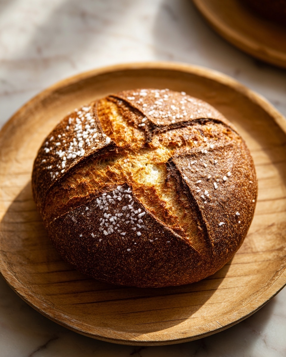 A round bread with a dark golden brown crust sits in the center of a white wooden plate. The bread has a deep X-shaped cut on top, revealing a light cream-colored soft inside. Coarse grains of salt are scattered across the crust, adding texture and sparkle. The wood plate with thin grooves contrasts softly with the bread's rough outer texture, all set on a white marbled surface. photo taken with an iphone --ar 4:5 --v 7