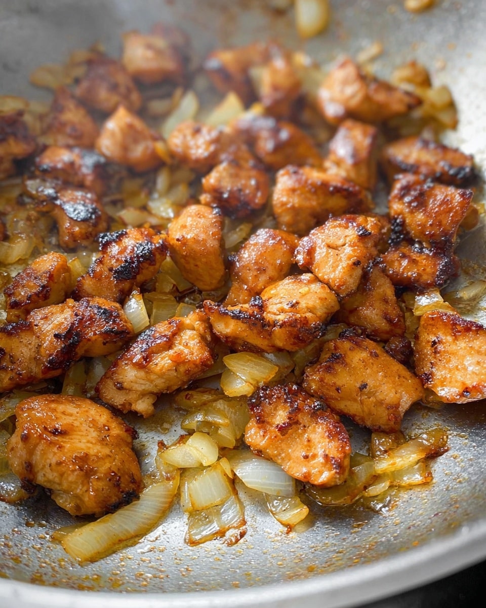 The image shows a close-up of small pieces of browned meat cooked in a pan with chopped onions. The meat pieces are golden brown with some darker charred spots, giving a crispy texture. The onions underneath are translucent and light golden, scattered evenly across the pan. The pan has a shiny metal surface with oil glistening around the food, showing some steam rising, suggesting the food is hot and fresh. The overall colors are warm browns, golden yellows, and soft whites. photo taken with an iphone --ar 4:5 --v 7