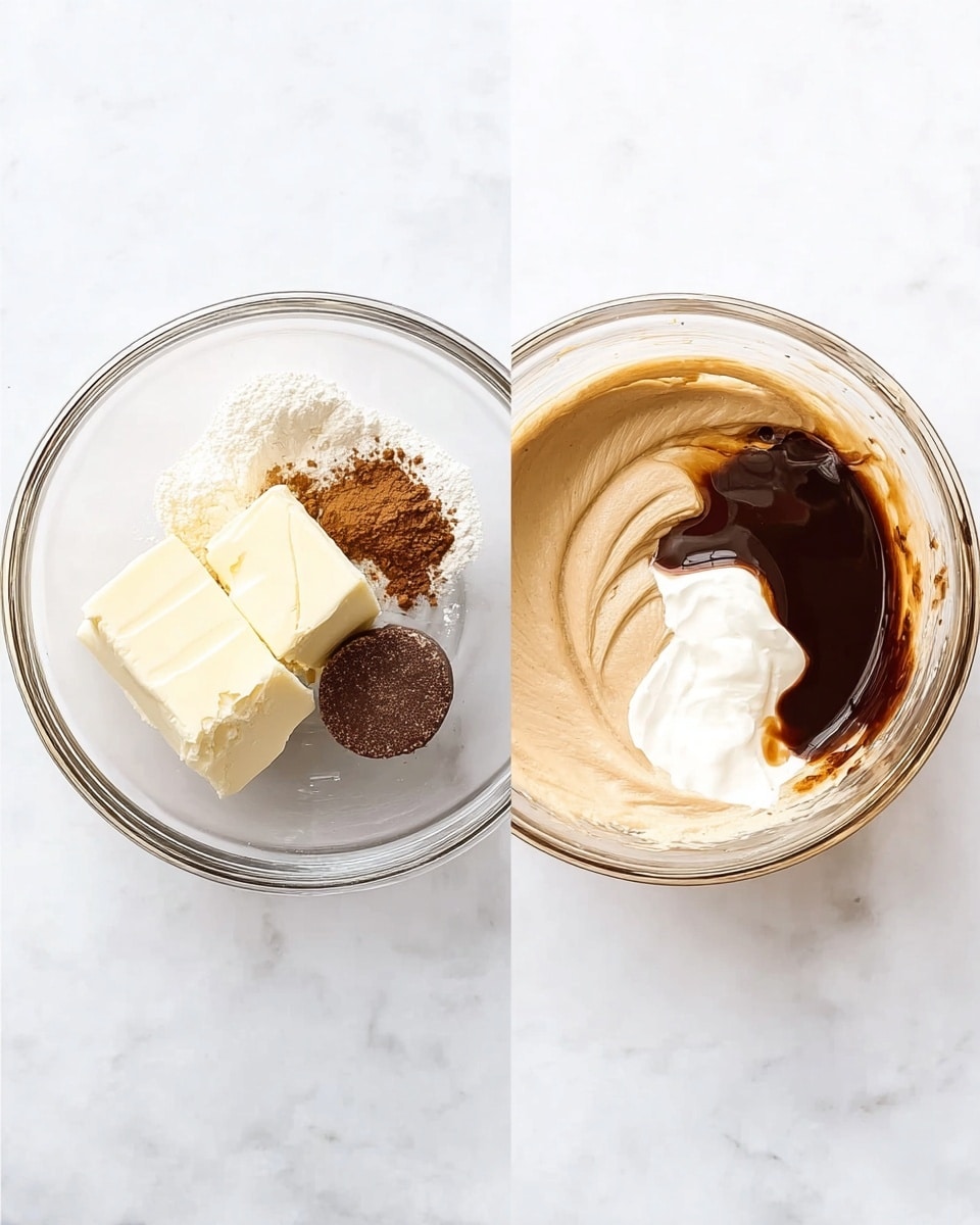 Two clear glass bowls sit side by side on a white marbled surface. The left bowl shows an unmixed collection of ingredients: two large blocks of cream-colored cream cheese, a round dark brown powder compact, some lighter brown powder, a small heap of white powder, and a small dark orange liquid spot. The right bowl shows these ingredients mostly combined into a smooth, light brown creamy mixture with some offset swirls, topped with a dollop of white soft cream and a pool of thick dark brown liquid on one side. photo taken with an iphone --ar 4:5 --v 7