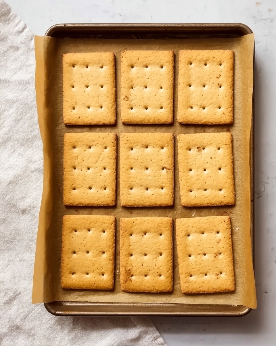 The image shows a baking tray with nine rectangular pieces of light golden brown crackers. Each cracker is evenly baked with small hole patterns on top, arranged in three rows and three columns on parchment paper inside the tray. The tray rests on a white marbled surface, and a part of a white cloth is visible on the left edge of the image. The crackers have a smooth texture with slightly raised edges. photo taken with an iphone --ar 4:5 --v 7