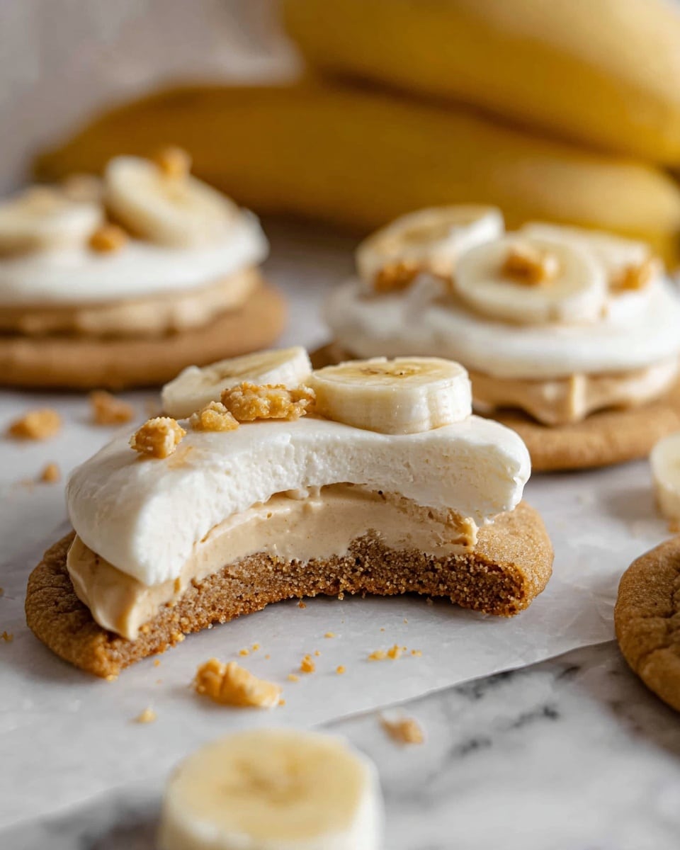 The image shows round cookies with three clear layers: the bottom layer is a light brown, firm cookie base; the middle layer is a slightly darker brown creamy spread; the top layer is a smooth white frosting topped with small, golden-brown crunchy pieces and thin banana slices. The cookies are on a white marbled surface with some crumbs scattered around. A bunch of bananas can be seen blurred in the background. One cookie in the front is sliced in half, showing the thick white frosting and creamy middle on top of the cookie base. Photo taken with an iphone --ar 4:5 --v 7