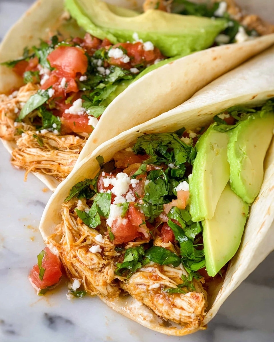 Two soft white tortillas filled with several layers lie on a white marbled surface. The bottom layer in each tortilla is shredded cooked chicken with a light brown color and tender texture. On top of the chicken, there is fresh green leafy cilantro, and scattered chunks of bright red tomato mixed with small bits of green pepper. A few crumbles of white cheese are sprinkled over the filling. Each tortilla also has two thick slices of fresh avocado with a smooth, pale green color, placed along one side inside the tortilla. The overall look is fresh and colorful with rich green, red, white, and light brown shades. Photo taken with an iphone --ar 4:5 --v 7