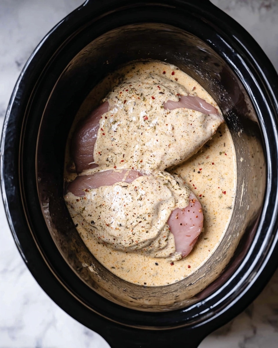 Inside a black slow cooker, there are two raw pieces of light pink meat placed next to each other on the bottom. Both pieces are partially covered with a thick, creamy sauce that has a beige color with visible small specks of black, red, and green herbs and spices. The uncovered parts of the meat show a few black pepper grains sprinkled on the surface. The slow cooker has a shiny inside, and it sits on a white marbled surface. photo taken with an iphone --ar 4:5 --v 7