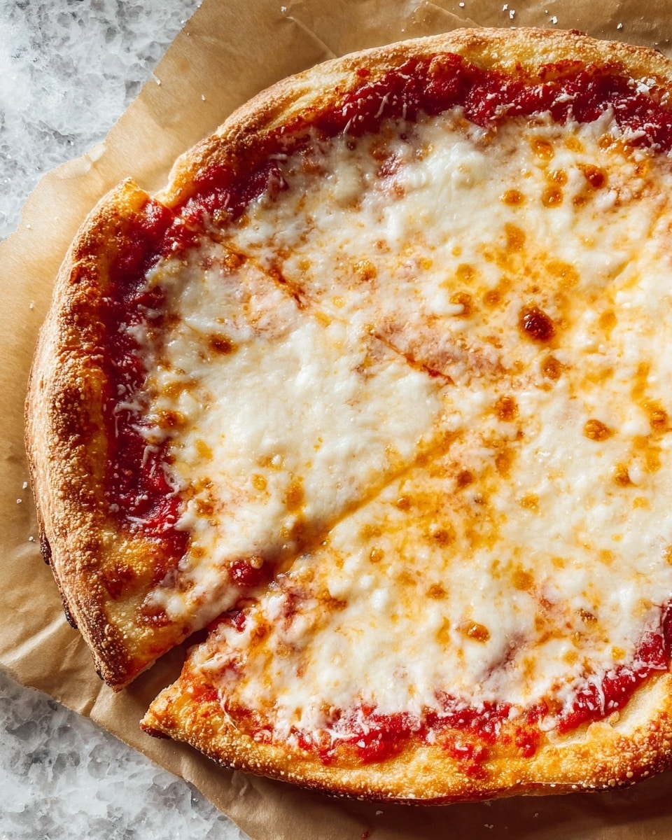 A close-up view of a cheese pizza shows one thick golden-brown crust with a slightly charred edge. The pizza has one main layer of melted white and light golden cheese covering most of the surface. Underneath the cheese, a layer of red tomato sauce peeks out around the edges. The pizza is placed on brown parchment paper over a white marbled texture surface. The cheese has a smooth, melted texture with small darker spots where it is browned. photo taken with an iphone --ar 4:5 --v 7