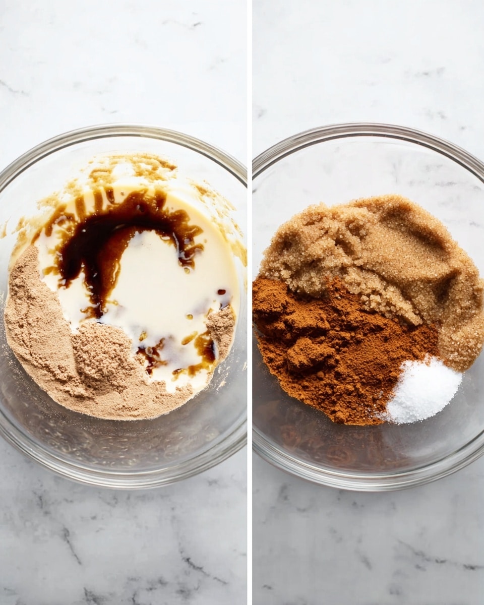 The left image shows a clear glass bowl on a white marbled surface containing light brown dry powder evenly spread with a splash of white liquid, some melted butter, and dark brown vanilla extract on top, all unmixed. The right image shows a different clear glass bowl on the same white marbled surface filled with two types of brown sugar, one light and one dark, as well as a small pile of white salt and a heap of cinnamon powder, all loose and unmixed. photo taken with an iphone --ar 4:5 --v 7