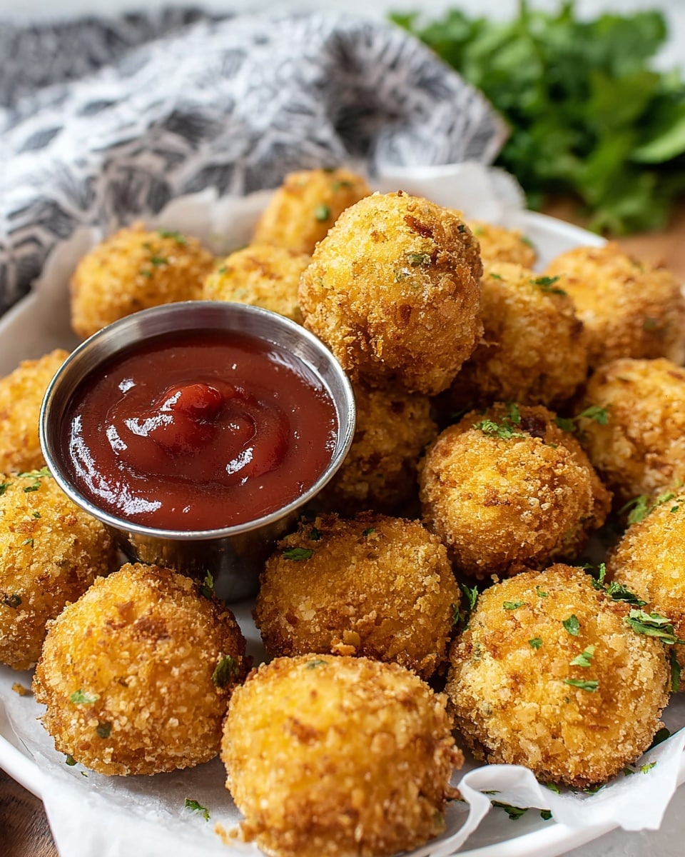 A round white dish filled with many small, golden-brown fried balls that look crispy and textured, with tiny bits of green garnish sprinkled on top of some balls. In the center, there is one ball placed inside a shiny silver sauce cup filled with thick, red ketchup. The dish rests on a white marbled surface with a gray and white patterned cloth and some green leafy herbs blurred in the background. Photo taken with an iphone --ar 4:5 --v 7
