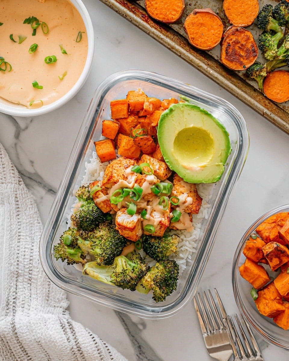 A clear rectangular container holds a meal with four layers: the bottom layer is white rice, followed by small orange roasted sweet potato cubes and golden-brown seasoned chicken pieces with a light sauce drizzled on top; next are green roasted broccoli florets with a slightly crispy texture; and the top layer features a sliced light green avocado placed in the center, all sprinkled with chopped green onions. Surrounding the container are a white bowl with light orange creamy sauce on a white marbled surface, roasted broccoli on a baking sheet, two whole sweet potatoes, and a white bowl with similar food on the right, with a white tea towel and metal forks in the bottom left corner. photo taken with an iphone --ar 4:5 --v 7