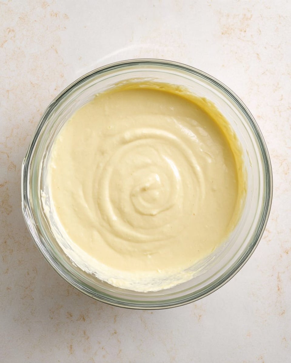 A clear glass bowl filled with a smooth, creamy light yellow batter, showing gentle swirls on the surface. The bowl is placed on a white marbled surface, adding a clean and bright look to the image. The batter has a thick texture and occupies the entire inside of the bowl, with no additional layers visible. photo taken with an iphone --ar 4:5 --v 7