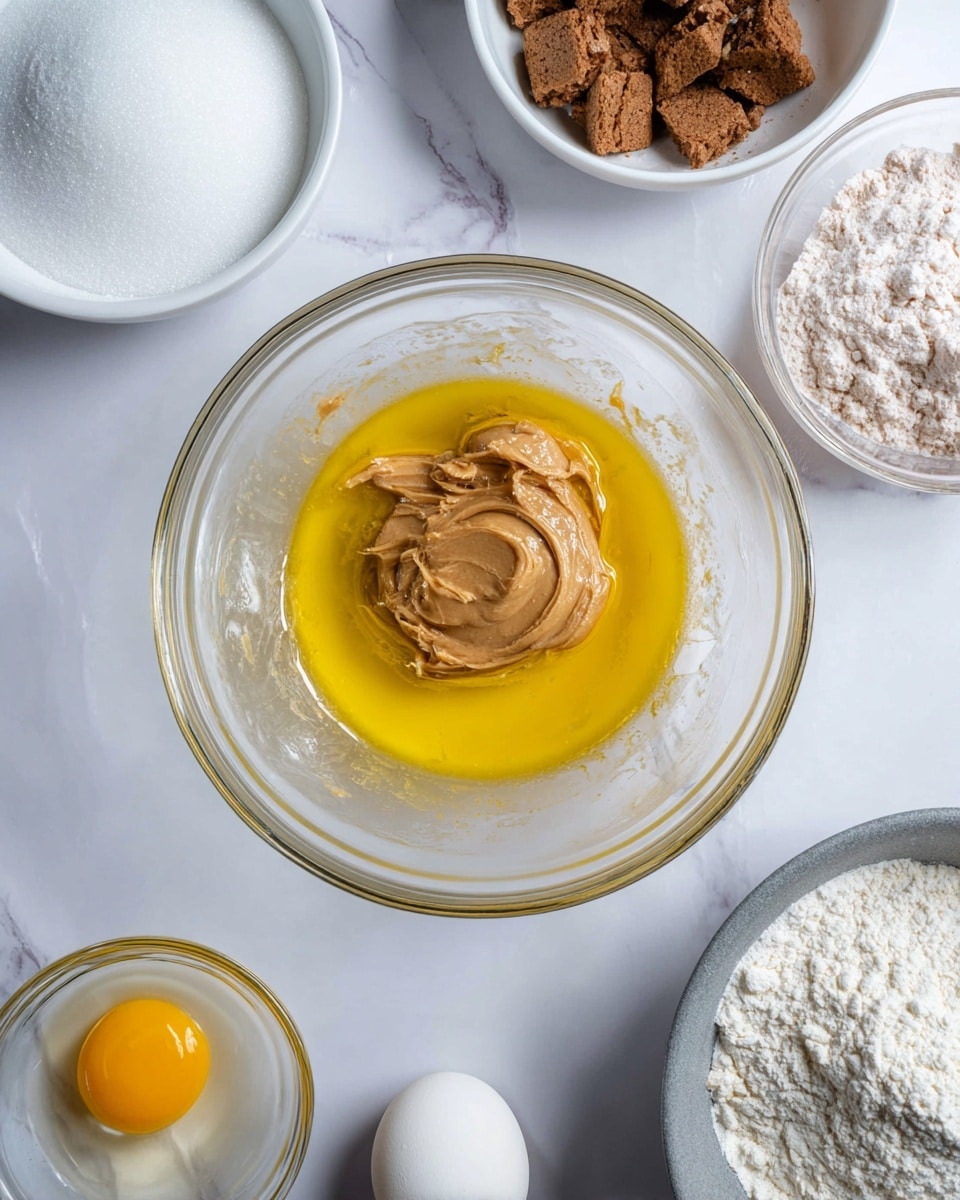 A clear glass bowl sits in the center on a white marbled surface, with a layer of melted yellow butter topped with a dollop of light brown peanut butter in the middle. Around the bowl, clockwise from the top left, there is a white bowl with white sugar and brown sugar side by side, a white bowl with small pieces of broken cookies, a small clear dish holding an egg yolk, a gray bowl filled with white flour, and a white egg lying on the white marbled surface. photo taken with an iphone --ar 4:5 --v 7