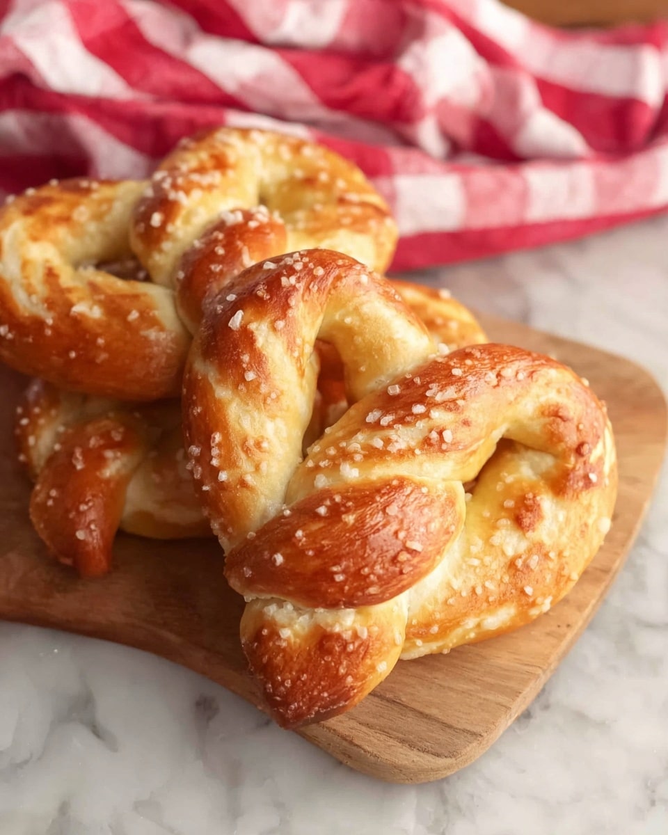 Two soft pretzels lie on a light brown wooden board placed on a white marbled surface. Each pretzel has a golden-brown crust with a slightly shiny texture and large grains of salt sprinkled on top. The pretzels have a twisted knot shape that is thick in certain areas and thinner in others, showing a soft and chewy interior. A red and white checkered cloth is casually draped in the background, adding a cozy touch. Photo taken with an iphone --ar 4:5 --v 7