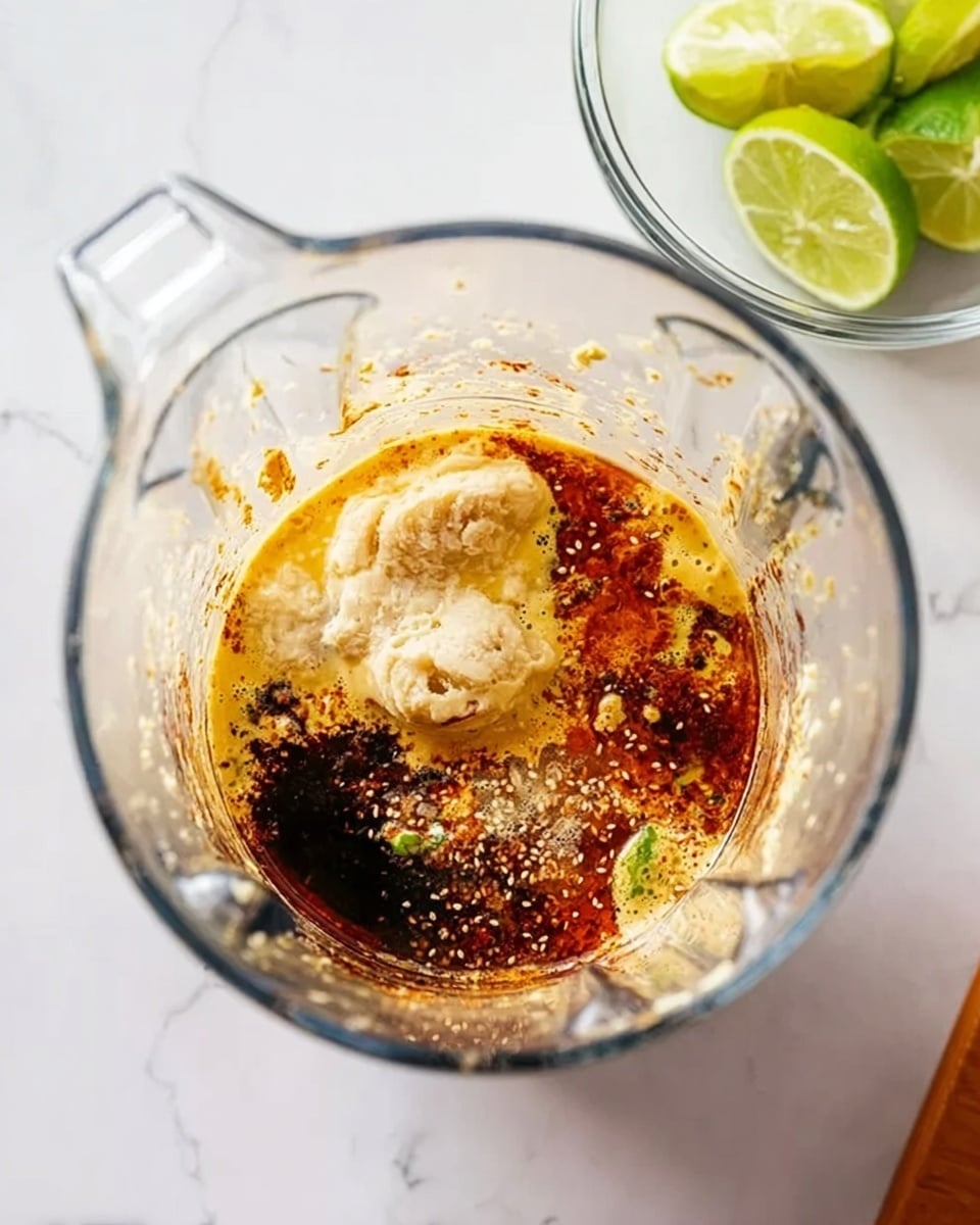 The image shows a glass blender jar on a white marbled surface with layers of ingredients inside. At the bottom, there is a mustard-yellow creamy layer mixed with dark seeds and spices, topped with an uneven dollop of pale creamy ingredients that look like garlic or ginger paste. Surrounding these are dark brown and reddish sauces, blending unevenly with the lighter parts. In the background, a clear glass bowl holds lime wedges with a bright green color. A woman's hand is resting close to the bowl. photo taken with an iphone --ar 4:5 --v 7