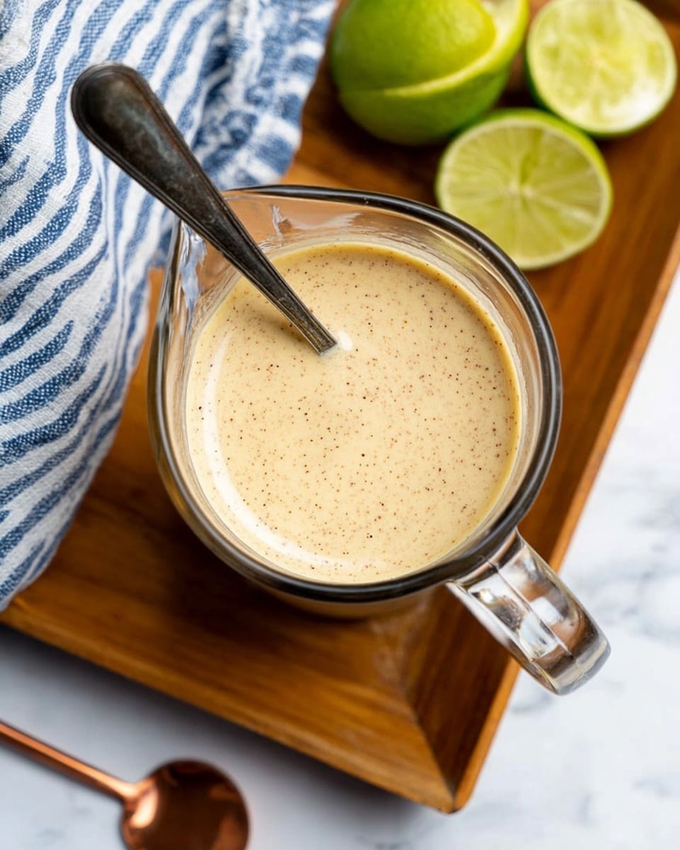 This image shows a glass measuring cup filled with a creamy beige sauce that has small dark specks throughout. A dark metal spoon is inside the sauce, resting on the edge of the cup. The cup is placed on a white marbled surface, with a wooden tray holding a blue and white striped cloth and two lime halves in the background. A copper measuring spoon is also on the white marbled surface near the bottom of the image. Photo taken with an iphone --ar 4:5 --v 7