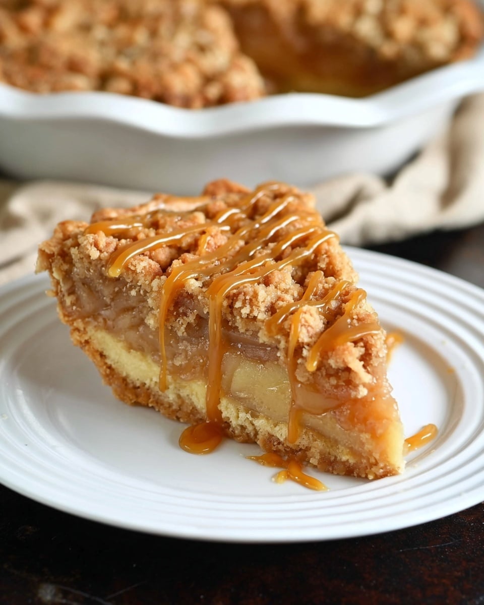 A single slice of crumb-topped pie sits on a white plate with a white marbled surface beneath. The pie has three visible layers: the bottom layer is a soft, light brown filling, the middle layer is a bit thicker and more textured in a slightly darker brown shade, and the top layer is a crumbly golden-brown crust sprinkled with oats or nuts. Drizzled over the top are smooth, light caramel-colored lines adding a shiny contrast. A woman's hand is holding a fork that is pressing into the front edge of the pie slice, lifting small crumbs and bits from the crust. Photo taken with an iphone --ar 4:5 --v 7