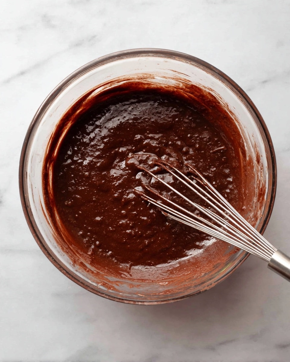 A clear glass bowl sits on a white marbled surface, filled with a thick, dark brown chocolate batter that is smooth with small lumps. A metal whisk rests inside the bowl, partially covered with the glossy batter, showing a mix of shiny and matte chocolate textures around the edges. The mixture fills most of the bowl, and the batter clings to the sides, leaving streaks. photo taken with an iphone --ar 4:5 --v 7