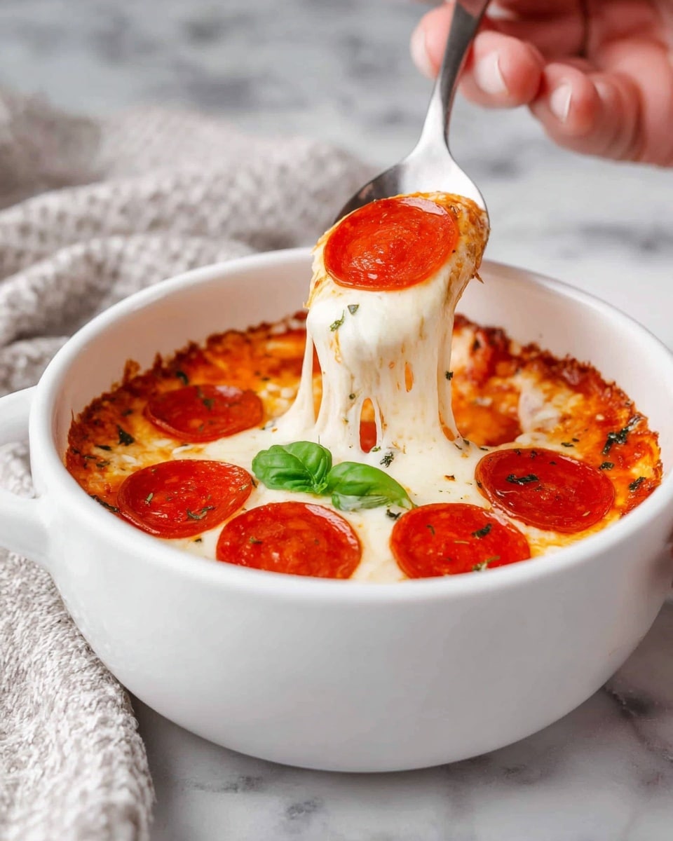The image shows a white bowl filled with a layered pizza dip. The bottom layer is a red, slightly chunky sauce with herbs visible around the edges. Above the sauce is a thick layer of melted white cheese that is stretchy and gooey, being lifted by a spoon held by a woman's hand. On top of the cheese are round, shiny slices of pepperoni that have a bright red color and a slightly oily surface. A small green basil leaf garnish is also visible on the cheese near the pepperoni. The bowl sits on a white marbled surface with a light grey patterned cloth nearby. Photo taken with an iphone --ar 4:5 --v 7