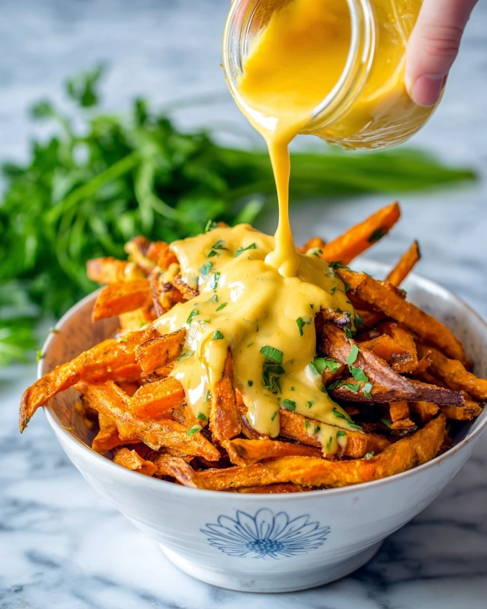 A bowl filled with a large pile of crispy sweet potato fries, showing a mix of orange color with some parts a bit darker and crispy. On top, there is a thick, creamy yellow cheese sauce with green herbs mixed in, freshly poured from a clear jar held by a woman's hand, dripping slightly over the fries. The bowl is white with a subtle blue flower design, sitting on a white marbled surface, with a bunch of fresh green parsley blurred in the background. photo taken with an iphone --ar 4:5 --v 7