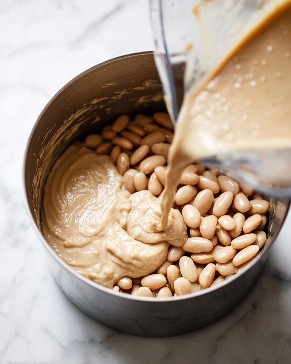 A close-up of a metal pot on a white marbled surface filled halfway with whole light beige beans, with a smooth creamy beige sauce being poured over the beans from a clear blender jar held by a woman's hand in the top left corner, the sauce forming a swirling layer on the left side of the beans inside the pot, showing a mix of creamy and chunky textures. photo taken with an iphone --ar 4:5 --v 7