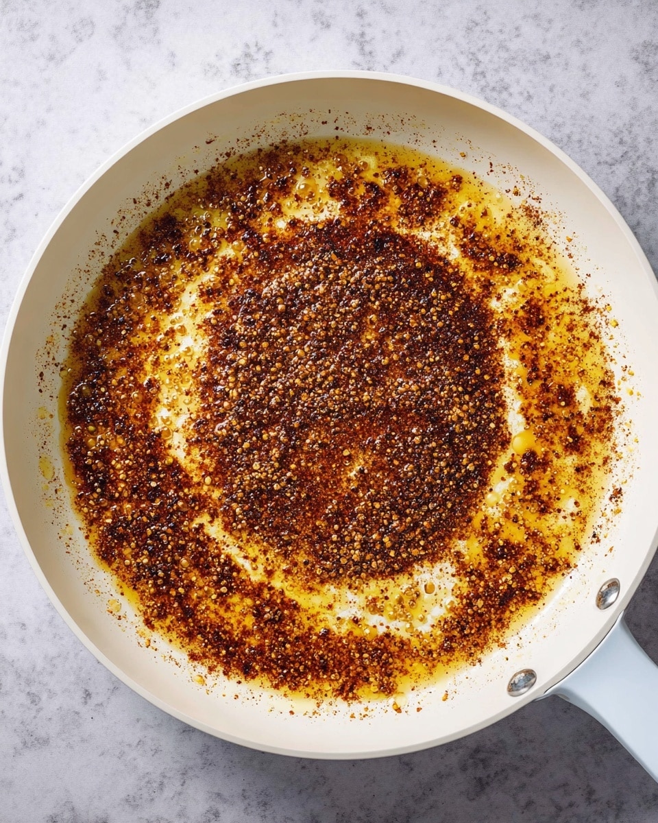 A white frying pan filled with a thin layer of oil mixed with dark red and brown spices, evenly spread across the surface. The spices create a textured pattern with small granules floating in the oil, forming a ring near the edge of the pan and more concentrated patches in the center. The pan is set on a white marbled surface. photo taken with an iphone --ar 4:5 --v 7