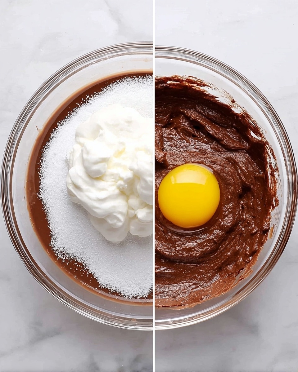 Two close-up photos side by side on a white marbled surface, both showing a clear glass bowl. The left photo has three layers inside the bowl: a bottom thin layer of smooth, dark brown chocolate mixture, a middle layer of white granulated sugar spread evenly, and a top thick white creamy layer heaped on one side. The right photo shows the same bowl with a smooth, mixed dark brown batter filling the bowl evenly, and a bright yellow egg yolk sitting in the center on top of the batter. Photo taken with an iphone --ar 4:5 --v 7