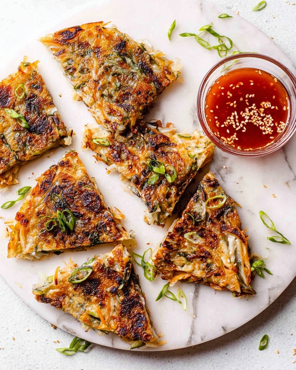 Six toasted pieces of a thin pancake with a crispy, golden-brown surface and darker grilled spots are spread on a round white marble board. Each piece shows textured layers of finely shredded vegetables inside, with some pieces topped with green onion slices. A small glass cup with red dipping sauce sprinkled with white sesame seeds sits on the right side. The white marble surface underneath is clean, with scattered green onion pieces adding contrast photo taken with an iphone --ar 4:5 --v 7