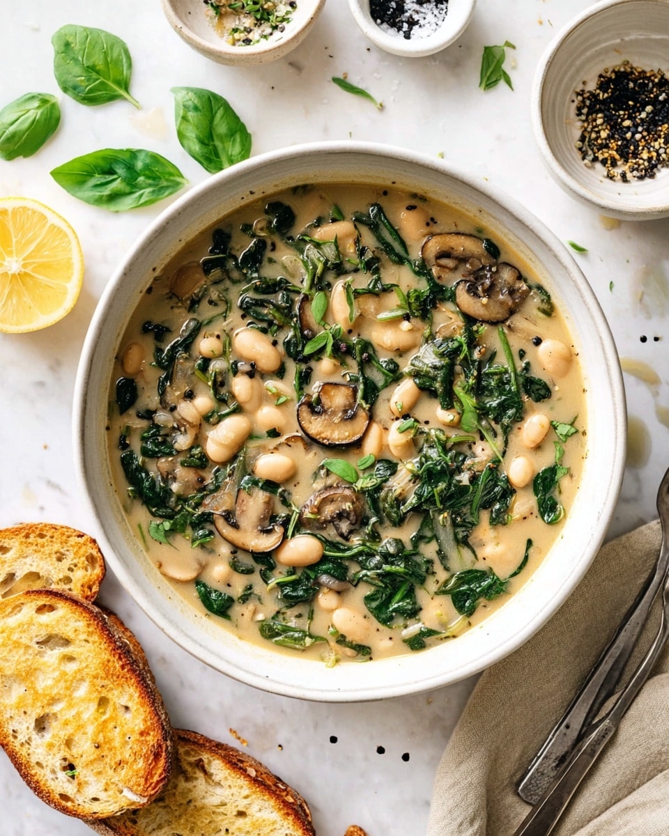 A white bowl full of creamy soup with three main layers: light beige broth as the base, white beans mostly spread out, and dark green spinach mixed with light brown sliced mushrooms scattered throughout. Small black pepper flakes are sprinkled on top, and some fresh chopped green herbs add extra color. The bowl sits on a white marbled surface with two slices of toasted bread at the bottom left, a halved lemon and green basil leaves at the top left, and two small white bowls holding black peppercorns and salt near the top. A fork and knife rest on a folded beige cloth on the right side photo taken with an iphone --ar 4:5 --v 7