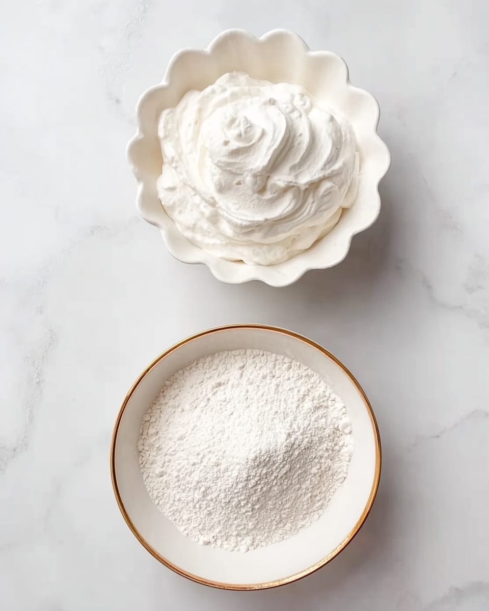 The image shows two white bowls on a white marbled surface. The bowl at the top is scalloped and filled with whipped cream that looks soft and fluffy with small peaks. Below it, there is a plain white bowl with a gold rim, filled with finely textured white flour. Both bowls are neatly placed with a clear space between them, creating a clean and simple look. photo taken with an iphone --ar 4:5 --v 7