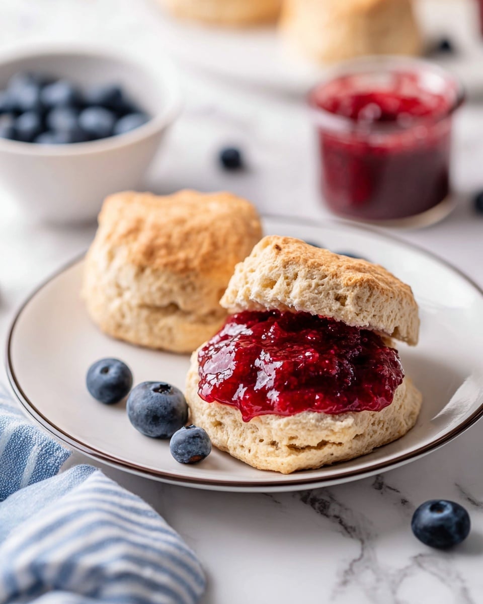 The image shows two golden brown biscuits on a white plate with a thin dark rim, placed on a white marbled surface. One biscuit is whole, and the other is split in half, with the bottom half topped with a thick layer of bright red raspberry jam, which has a slightly chunky texture. A few fresh blueberries are scattered around the plate and surface, adding pops of deep blue color. In the background, there is a small white bowl filled with blueberries and another container of red jam, all softly out of focus. A blue and white striped cloth is partially visible near the plate. Photo taken with an iphone --ar 4:5 --v 7