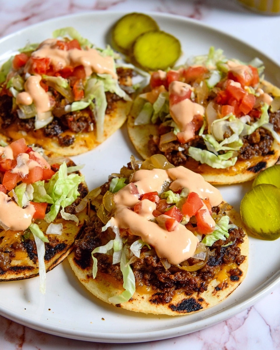 The image shows a white plate with four small tortillas as the base layer, each lightly toasted with a golden color and some char marks. On top of each tortilla is a layer of cooked ground meat that is dark brown. Over the meat, there is a sprinkling of shredded light green lettuce, followed by diced red tomatoes and caramelized onions in a dark amber color. Each tortilla is topped with a dollop of pinkish sauce that looks creamy and smooth. Around the plate, there are a few slices of green pickles adding a pop of color. The plate is placed on a white marbled surface. photo taken with an iphone --ar 4:5 --v 7