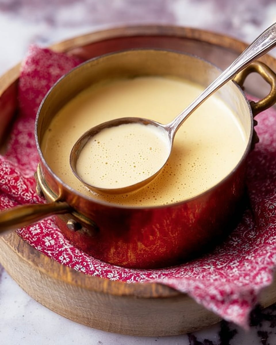 A small, deep copper pot filled with a creamy, smooth pale yellow sauce, almost filling the pot. A shiny metal ladle is partially dipped in the sauce, resting inside the pot with its handle extending outwards. The pot sits on a patterned red and white cloth inside a wooden tray with a white marbled surface below. The texture of the sauce looks thick and slightly frothy on top. Photo taken with an iphone --ar 4:5 --v 7