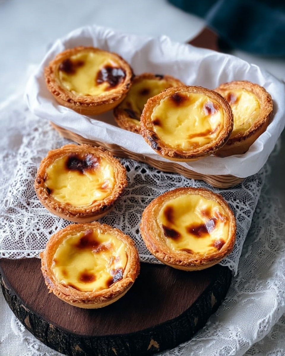 The image shows seven small egg tarts with lightly browned, creamy yellow filling and golden-brown crusts. Four tarts are placed together in a white basket lined with white paper, and three tarts are arranged on a dark wooden log, resting on a white marbled cloth with delicate lace patterns. The crusts are thick and crumbly, surrounding a smooth, slightly shiny custard layer that has darker caramelized spots on top. The scene is bright and natural, highlighting the warm tones of the tarts and the soft textures of the cloth and paper. Photo taken with an iphone --ar 4:5 --v 7