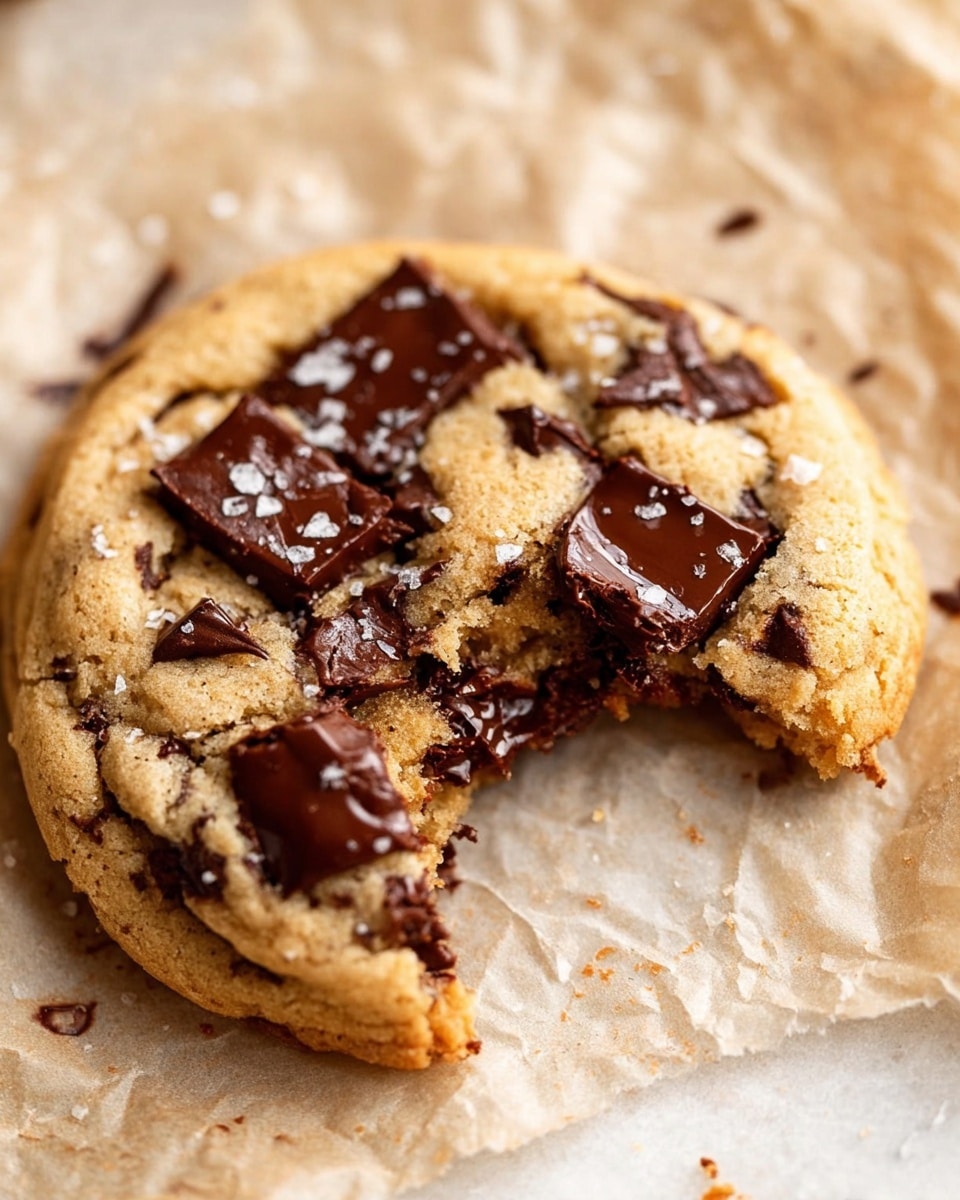 A thick, soft cookie with a warm, light brown color holds multiple large pieces of melted dark chocolate scattered on top. One side of the cookie has a bite taken out, showing a chewy inside mixed with rich, dark brown melted chocolate chunks. The cookie sits on a crinkled piece of parchment paper, which lays on a white marbled surface. The cookie appears slightly crumbly around the edges with some flakes of sea salt sprinkled on top, adding texture and shine. Photo taken with an iphone --ar 4:5 --v 7
