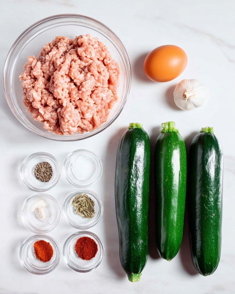 The image shows a white marbled surface with ingredients neatly arranged. On the left side, there is a clear glass bowl filled with light pink ground meat. Above the bowl, an egg with an orange shell and a single clove of garlic rest close together. To the right of the bowl, there are four small clear glass bowls lined up in a row, each containing different spices: black pepper, salt, and two types of red powder spices. Below the spice bowls, three whole dark green zucchinis with shiny skins are placed side by side in a horizontal line. The scene is clean and well organized. photo taken with an iphone --ar 4:5 --v 7