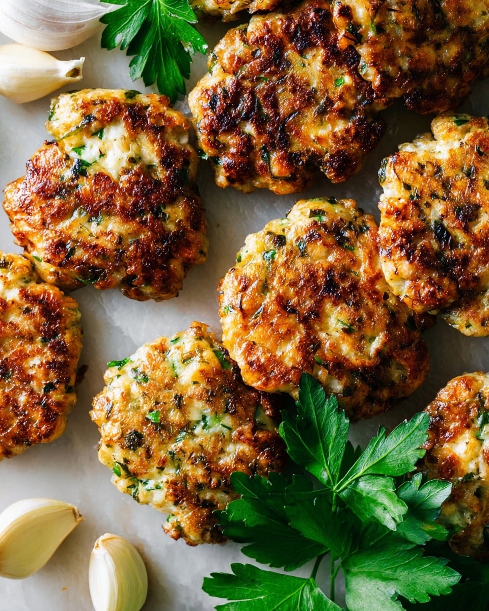 Several small, golden-brown patties with crispy edges and specks of green herbs are placed closely together on a white marbled surface. Each patty shows a textured, slightly uneven surface, hinting at tender ingredients inside. Bright green parsley leaves and whole garlic cloves are scattered around the patties, adding fresh color and natural elements to the scene. The photo taken with an iphone --ar 4:5 --v 7