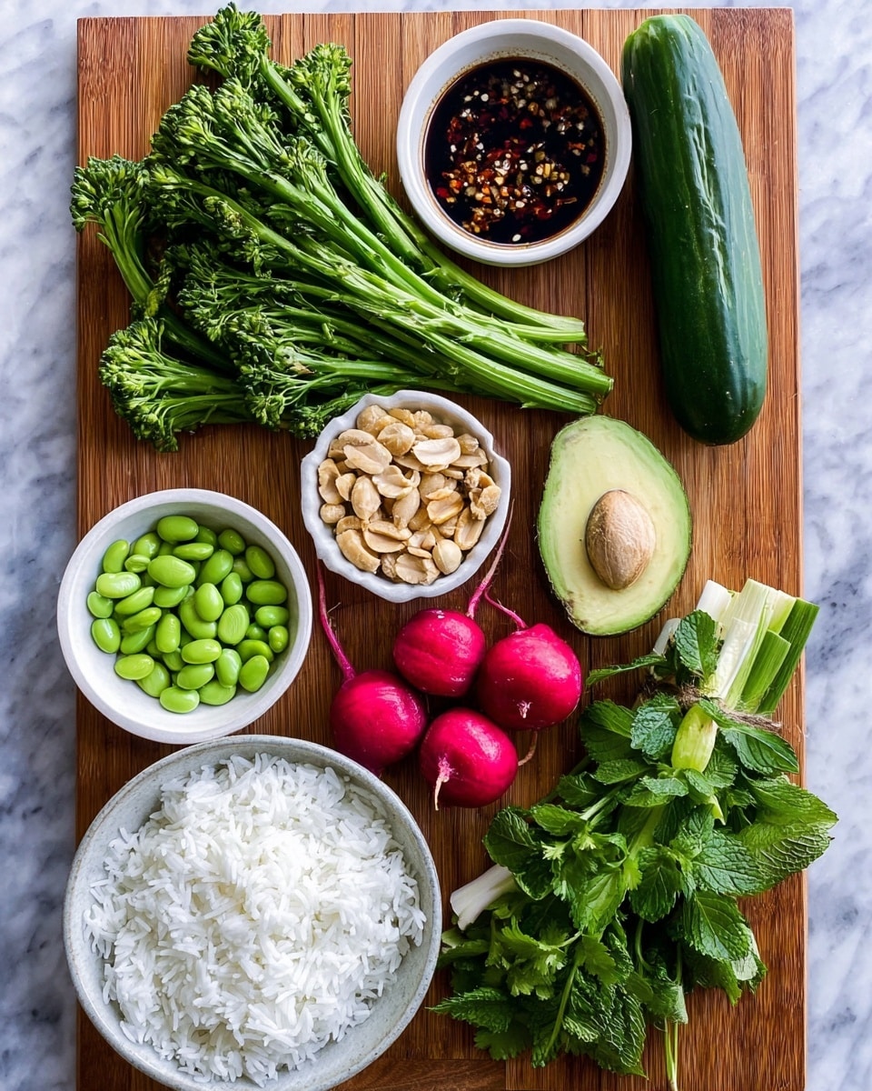 A wooden board holds a variety of fresh ingredients arranged neatly from top to bottom. At the top left are small bunches of bright green broccolini with delicate florets. To the right, a small white bowl contains a dark sauce with visible chili flakes, next to a whole green cucumber positioned vertically. Below the sauce bowl is a small white bowl filled with salted peanuts. Half of a ripe avocado, showing its light green inside and a large seed, sits next to the peanuts. Below the avocado, three bright red radishes with shiny skin are grouped together next to a bundle of fresh green herbs including cilantro, mint, and green onions with white bases. To the left of the radishes, a small white bowl holds green edamame beans. At the bottom left corner, a white bowl contains fluffy white rice with loose grains. The entire setup rests on a white marbled surface photo taken with an iphone --ar 4:5 --v 7