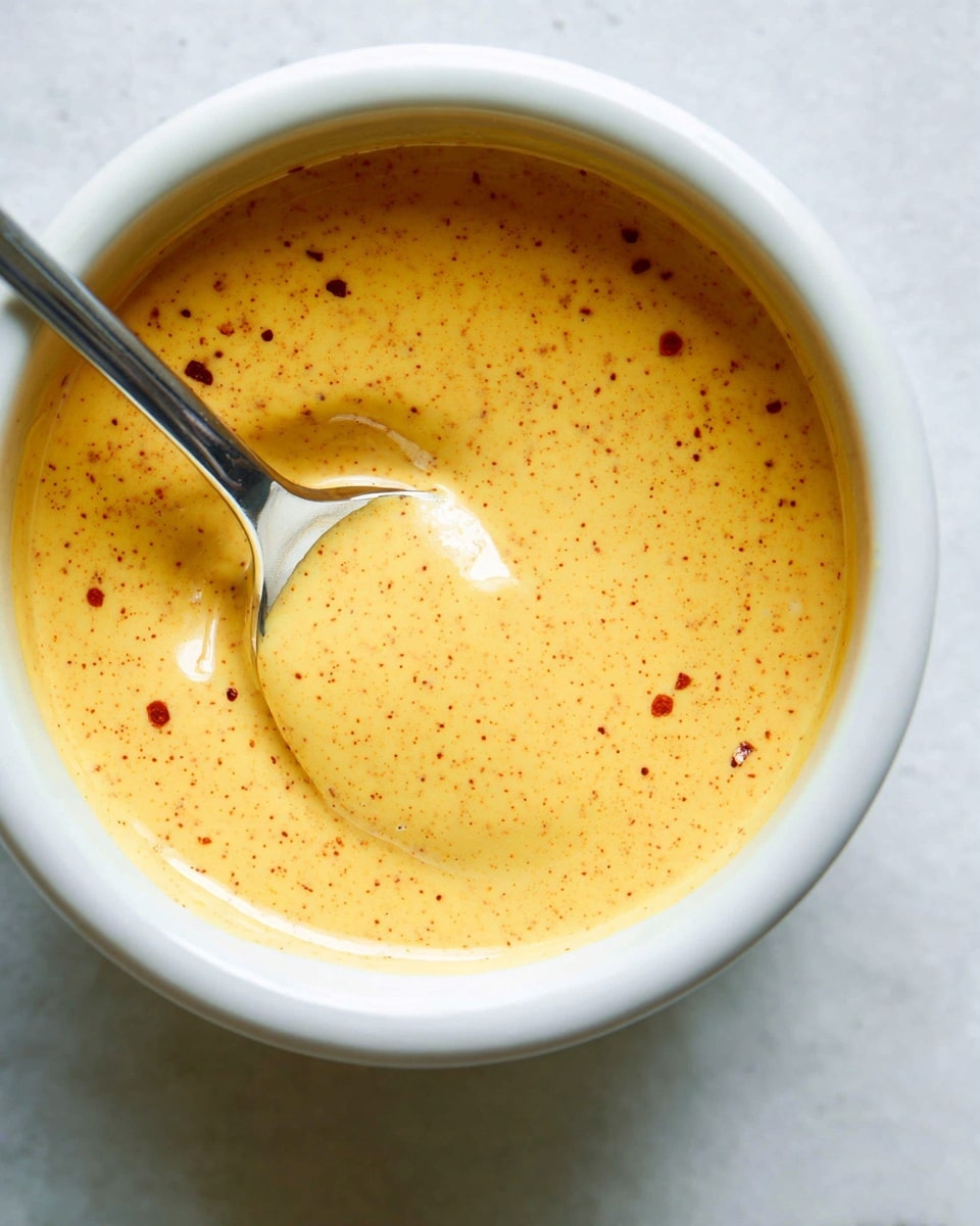 A close-up view of a white bowl filled with smooth, creamy sauce that is golden-yellow in color and speckled with tiny red and brown dots. The sauce has a thick texture and a shiny surface, with a silver spoon partially dipped into it from the left side, resting inside the bowl. The bowl sits on a white marbled textured surface, and the lighting highlights the sauce's glossy and slightly thick consistency. photo taken with an iphone --ar 4:5 --v 7