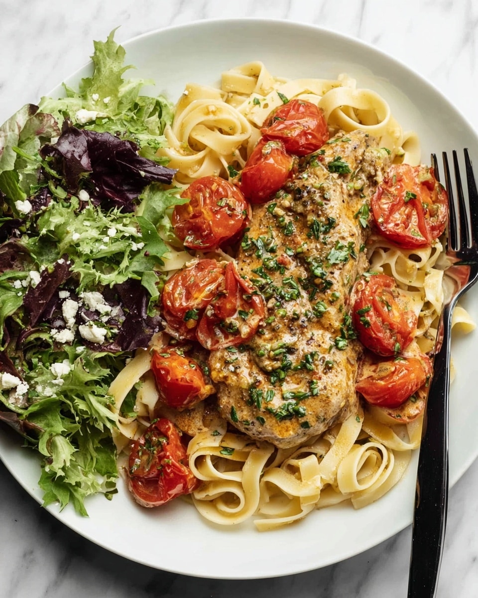 A white plate on a white marbled surface holds three main layers: at the bottom is a bed of flat, light beige pasta strands softly twisted, topped by halved and whole bright red cherry tomatoes scattered throughout. On top sits a large piece of cooked golden-brown meat covered in a light herb sauce with chopped green herbs sprinkled over it. To the side, a fresh mix of dark and light green leafy salad adds contrast, with small bits of white cheese scattered on the leaves. A black fork rests on the right edge of the plate. photo taken with an iphone --ar 4:5 --v 7