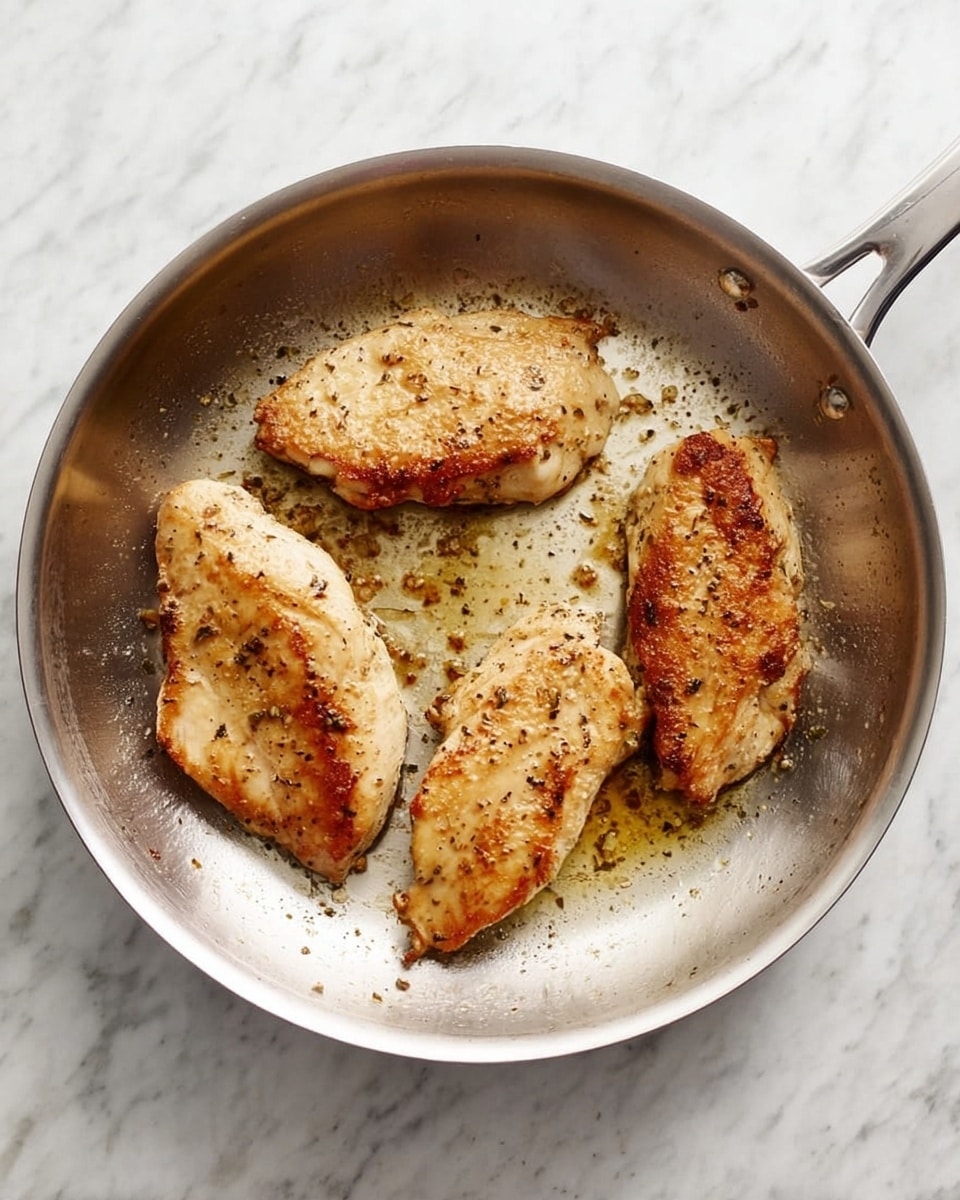 A silver frying pan shows four pieces of cooked chicken with a light golden brown color and some seasoning visible on their surface, evenly spaced inside the pan. The chicken pieces have a slightly crisp texture on the outside with a juicy look inside. The pan has small bits of browned seasoning or food residue around the chicken pieces. It is placed on a white marbled surface with soft natural lighting. photo taken with an iphone --ar 4:5 --v 7